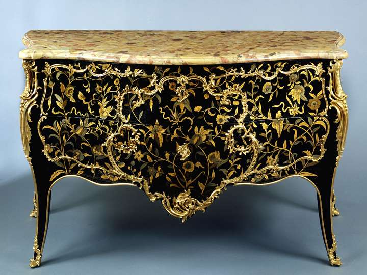 A Louis XV Black Lacquer and Ormolu Commode with a Pair of Encoignures en suite